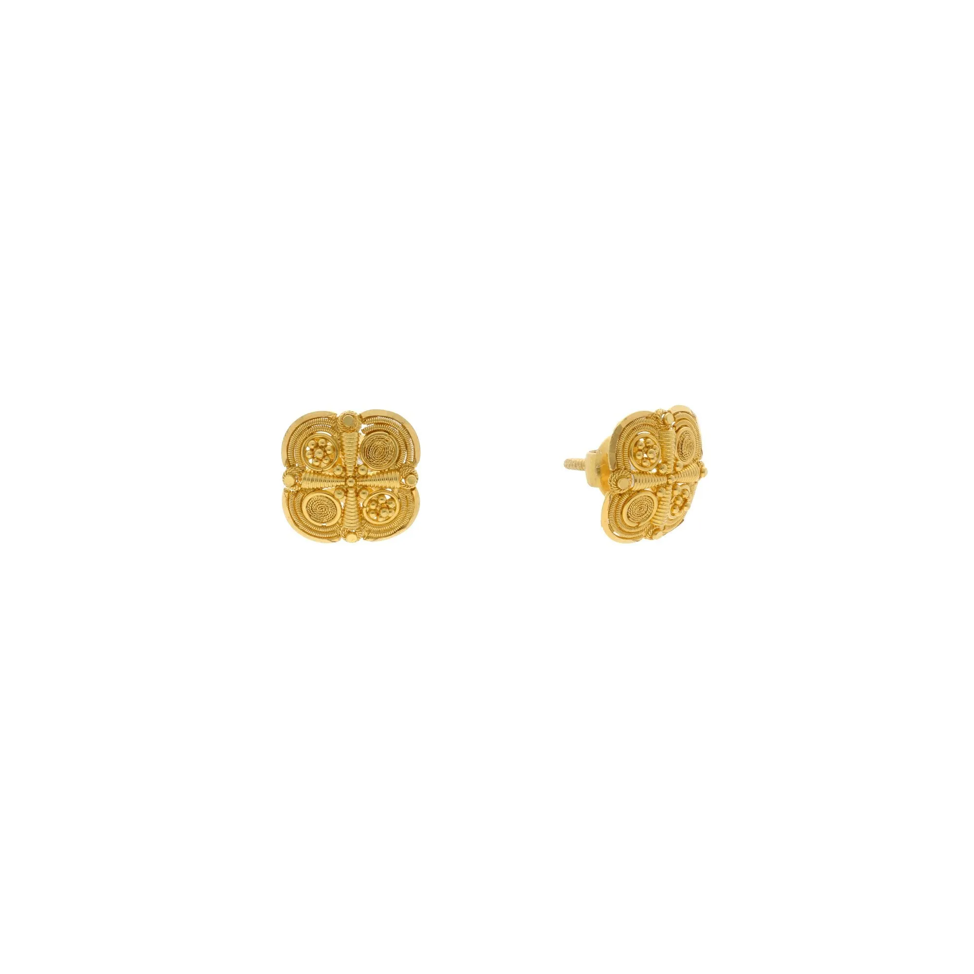 22K Yellow Gold Exotic Square Shaped Stud Earrings, 3.7 grams