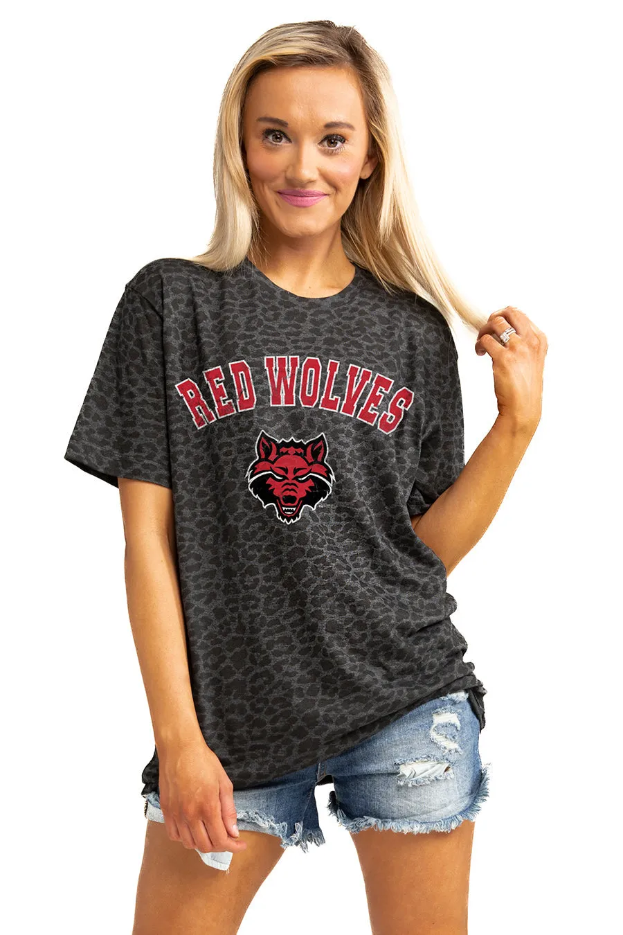 ARKANSAS STATE RED WOLVES "ALL THE CHEER" LEOPARD STANDARD FIT CREW NECK TEE