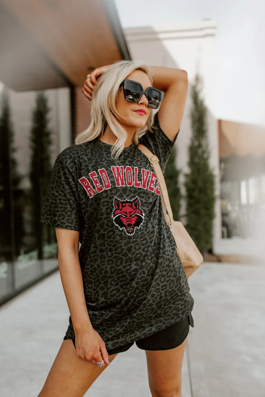 ARKANSAS STATE RED WOLVES "ALL THE CHEER" LEOPARD STANDARD FIT CREW NECK TEE