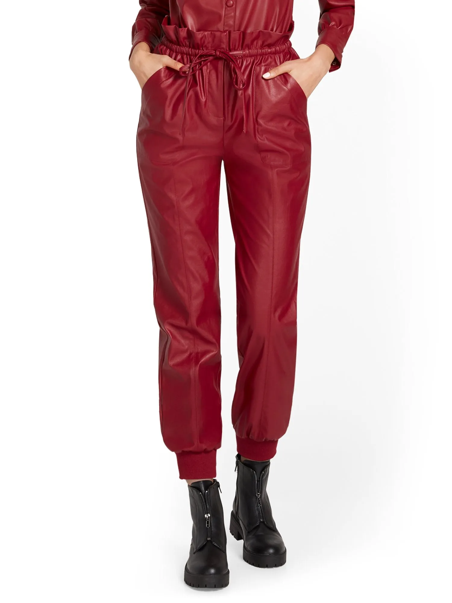 Paperbag-Waist Faux-Leather Jogger Pant