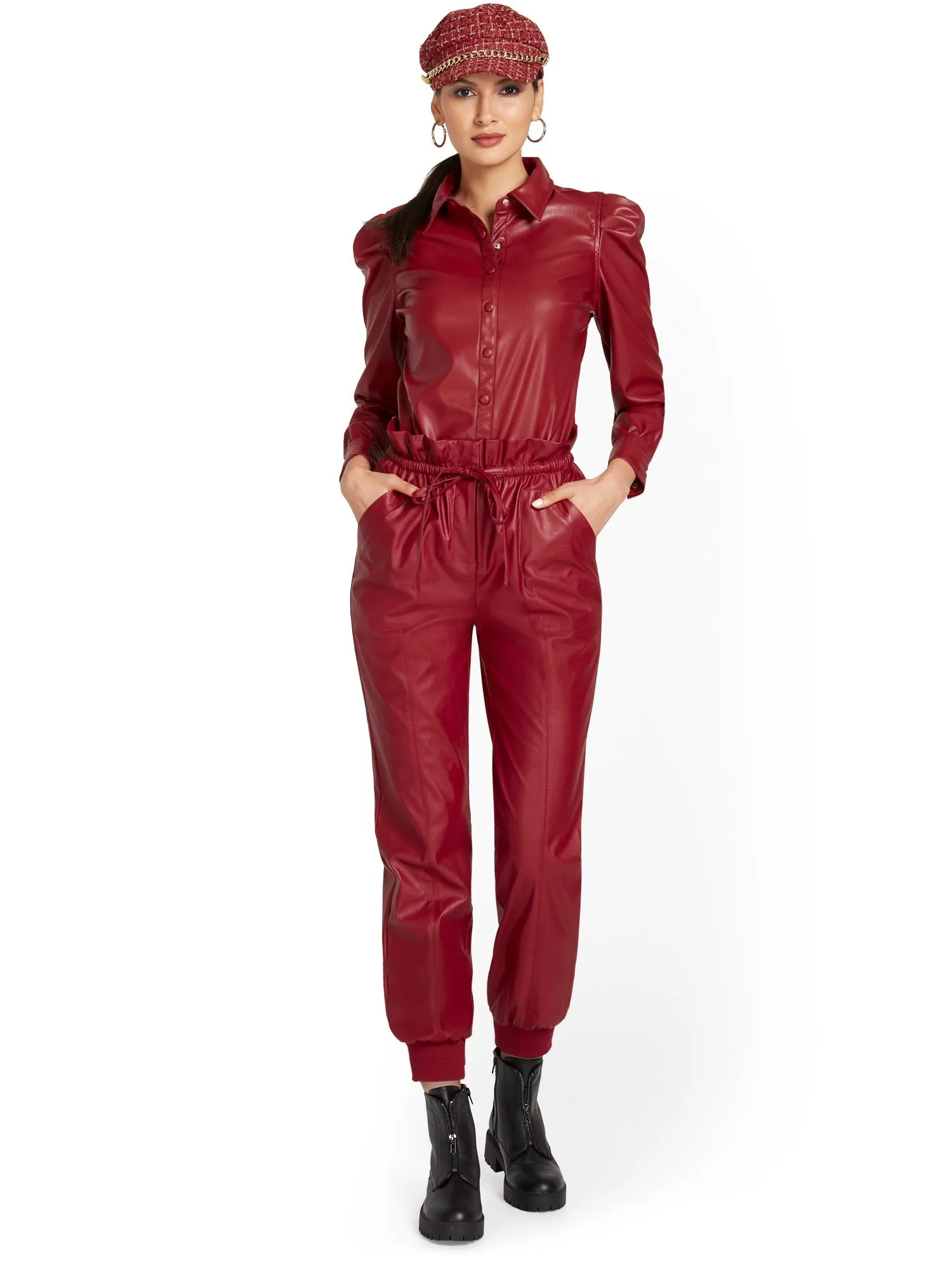 Paperbag-Waist Faux-Leather Jogger Pant