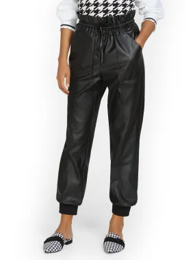 Paperbag-Waist Faux-Leather Jogger Pant