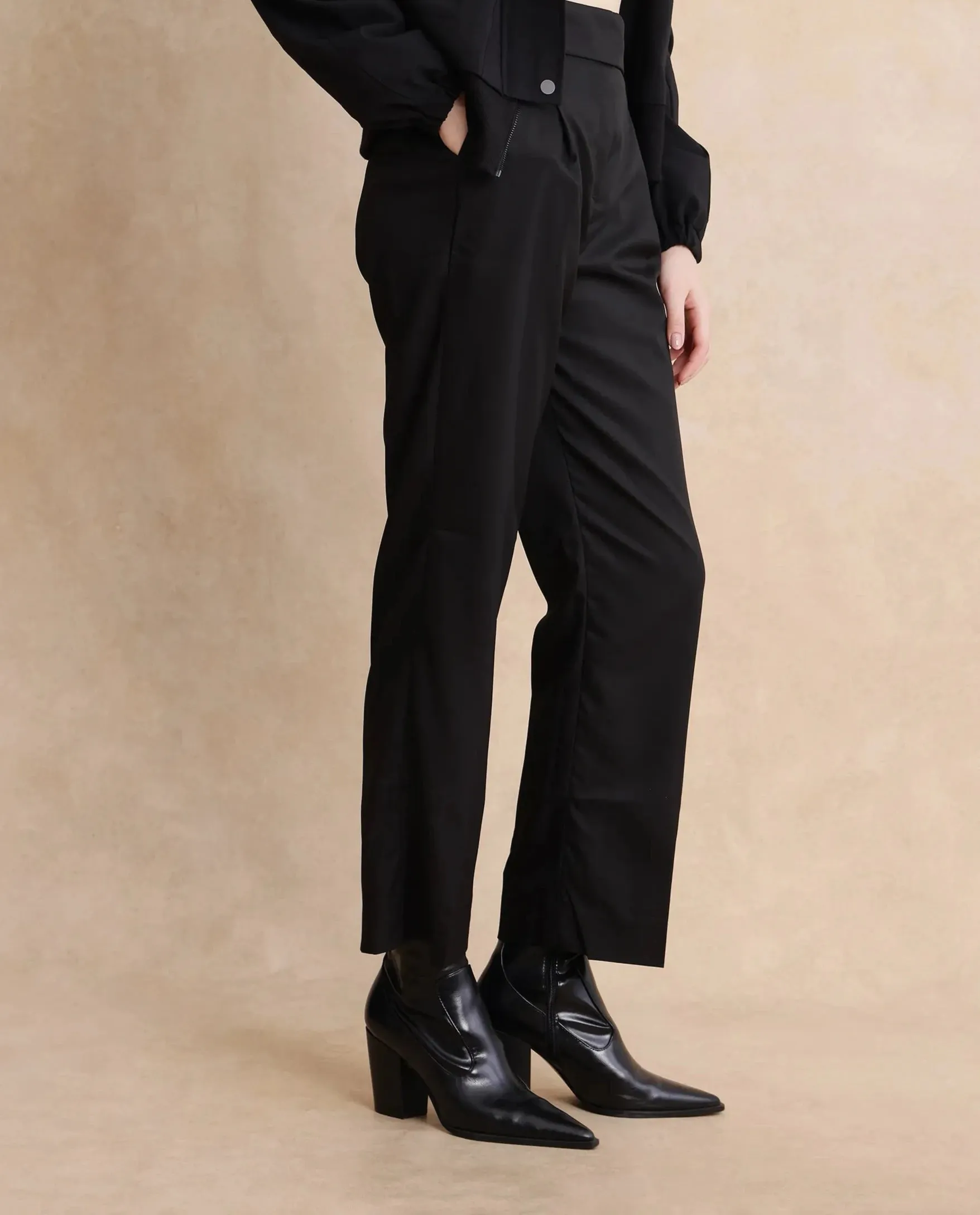 Rareism Women Leezo Black Tie Up Closure Straight Fit Ankle Length Plain Trouser