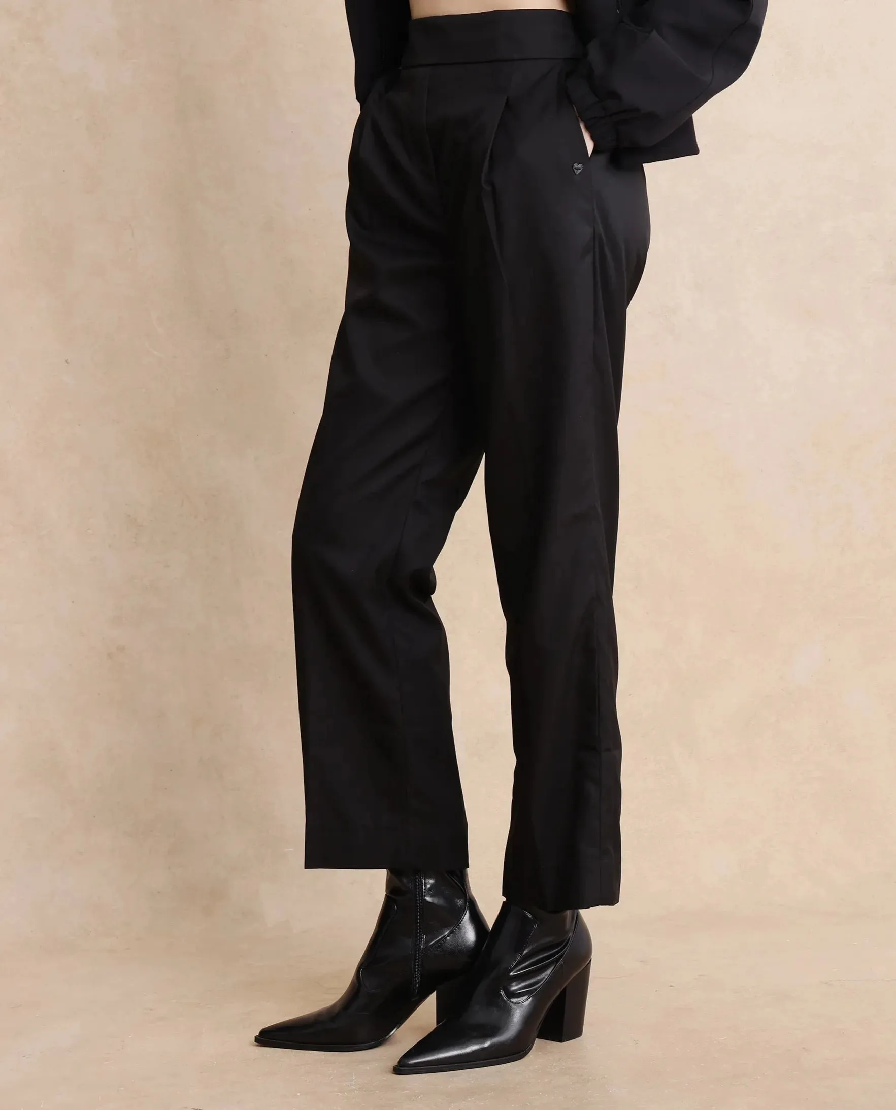 Rareism Women Leezo Black Tie Up Closure Straight Fit Ankle Length Plain Trouser