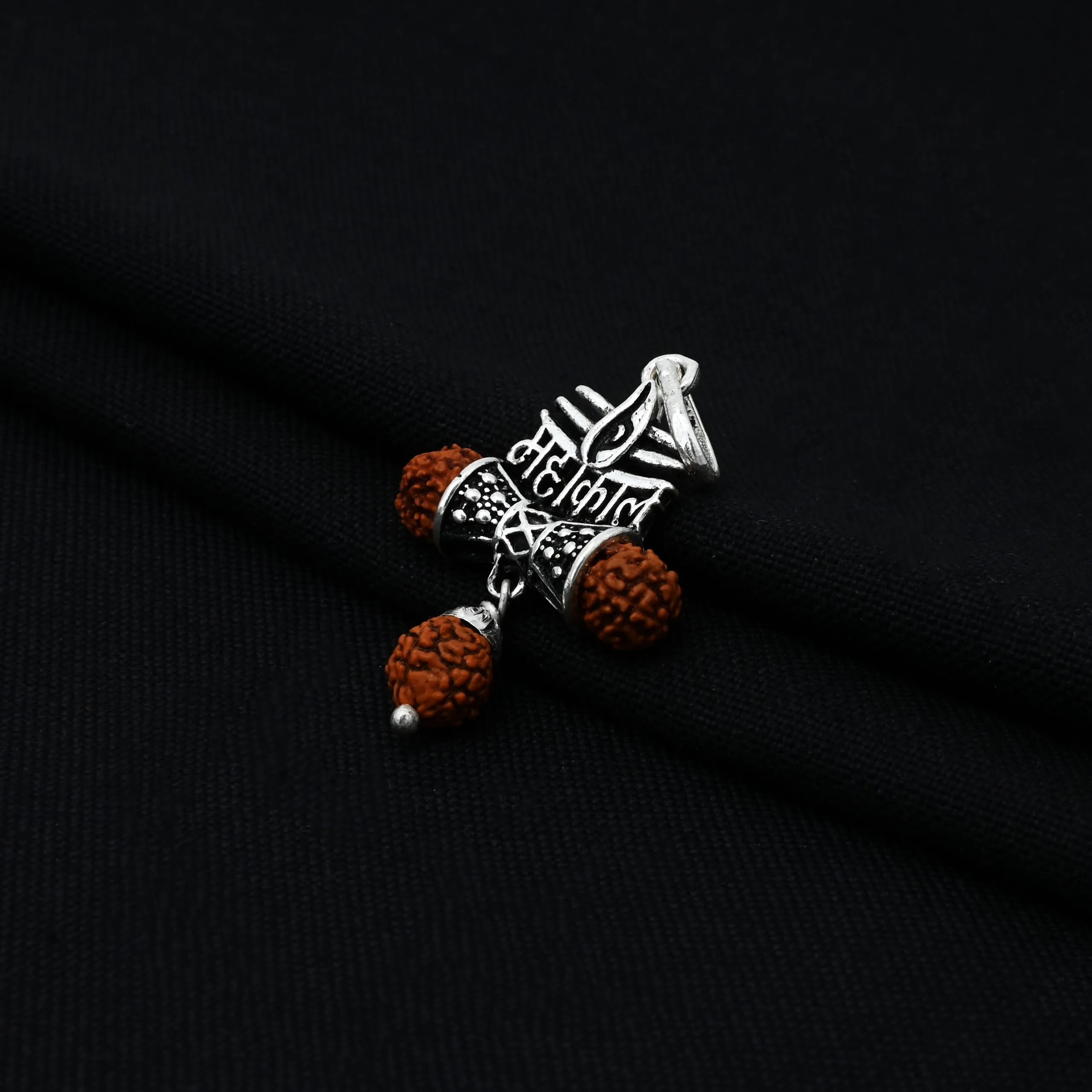 Trendy Oxidised Silver "महाकाल" Damru Pendant with Rudraksha