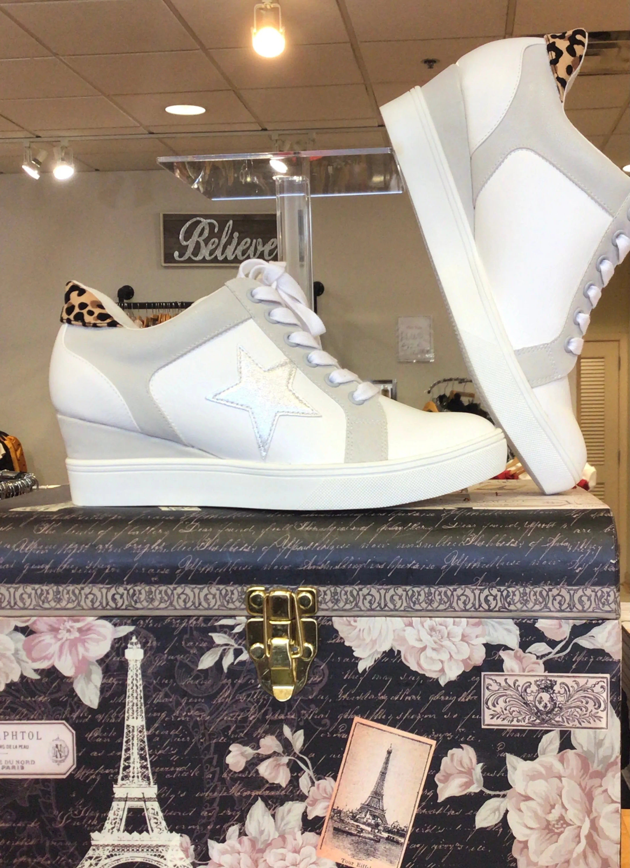 White Grey Animal Print Sneakers With Star Design On Side
