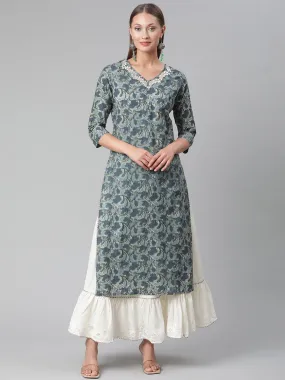 Women'S Blue Cotton Kurta With Skirt