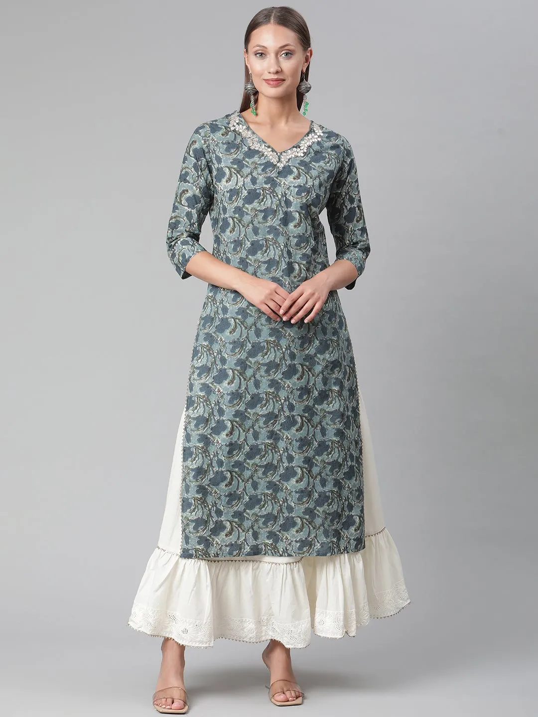 Women'S Blue Cotton Kurta With Skirt