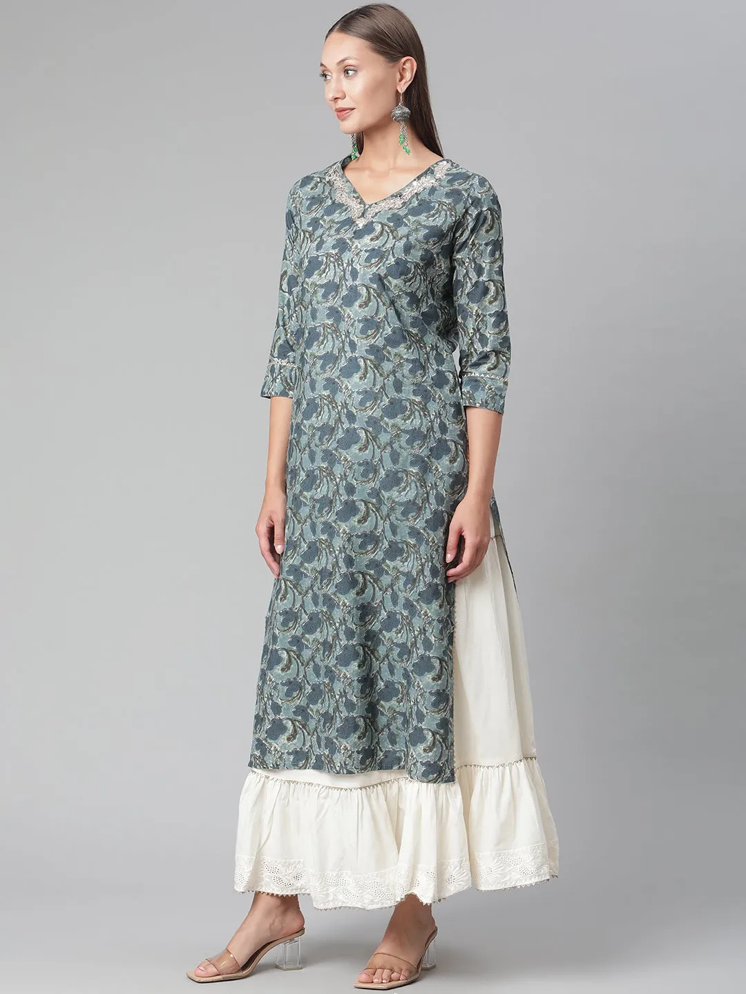 Women'S Blue Cotton Kurta With Skirt