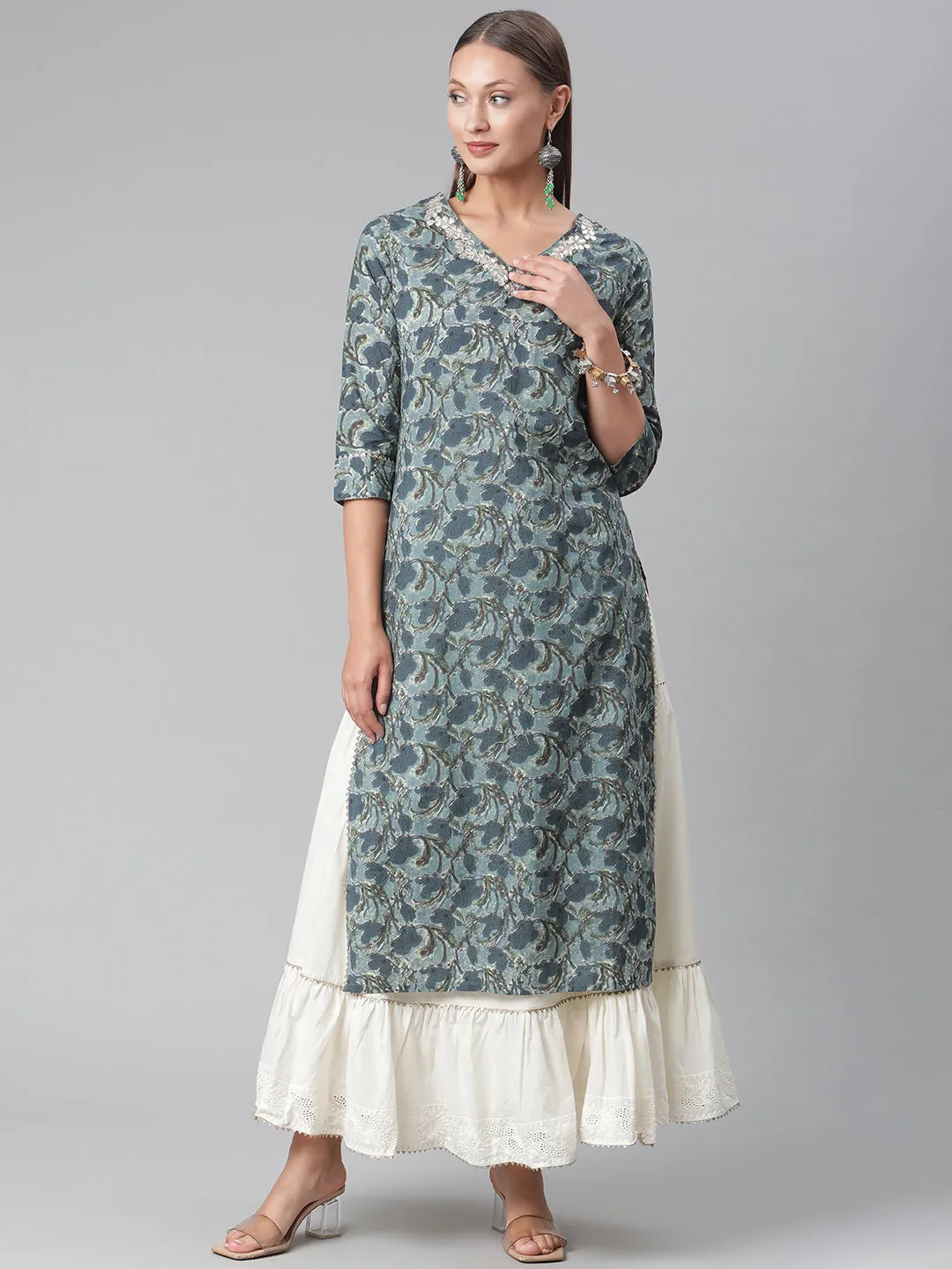 Women'S Blue Cotton Kurta With Skirt